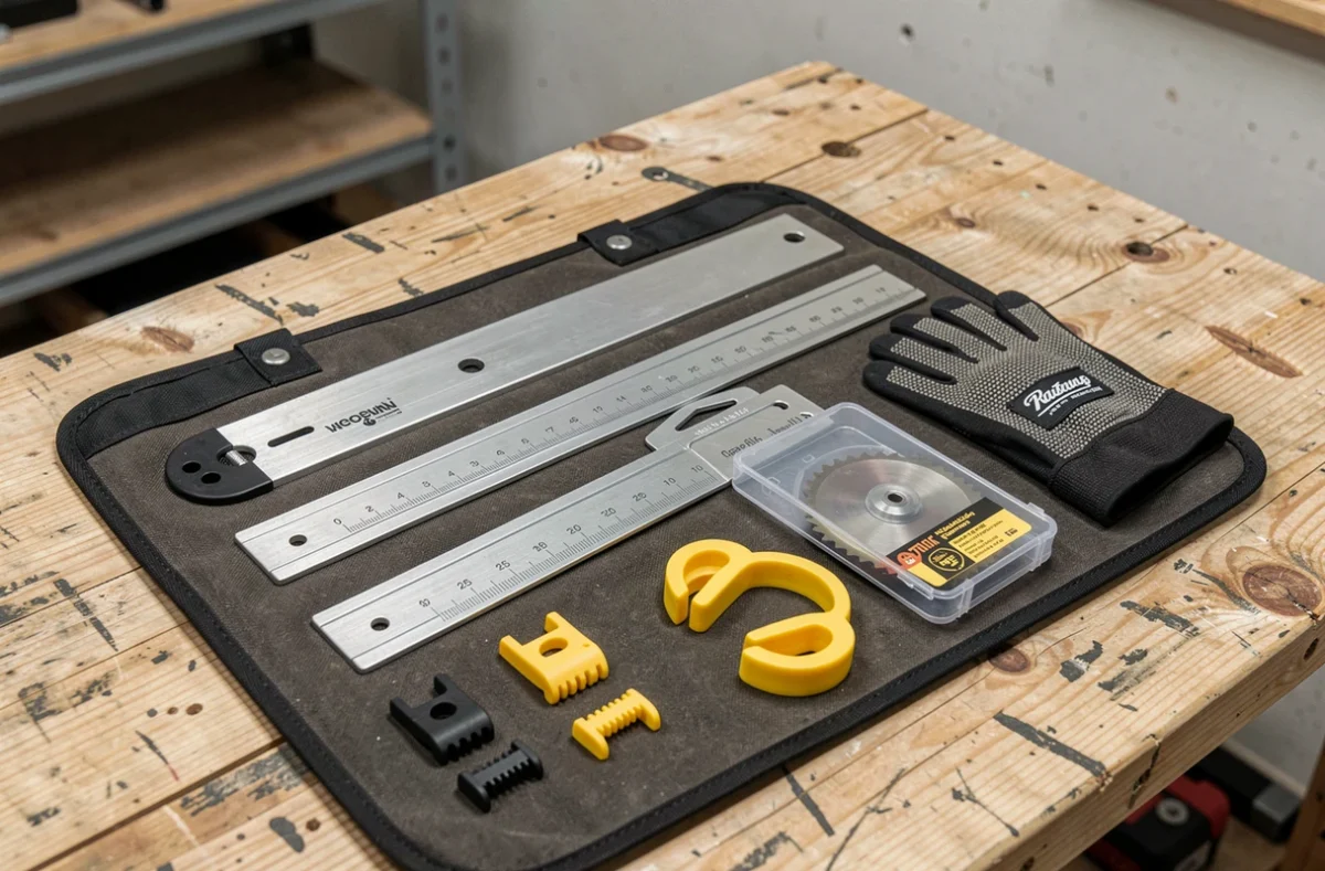 Vue à plat des accessoires indispensables pour scie circulaire incluant protège-lame, gants anti-coupures et lames carbure sur un établi en pin