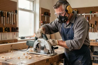 Artisan équipé d'accessoires de sécurité ajustant le protège-lame d'une scie circulaire sur un établi en bois dans un atelier