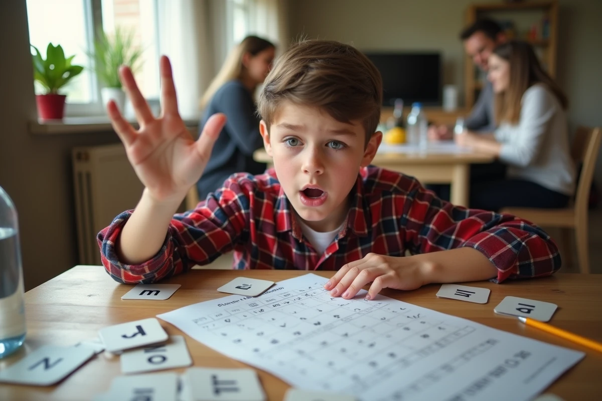 Adolescent joue au Petit Bac avec ses amis dans le salon