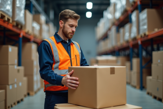 Jeune homme en uniforme inspectant des cartons dans un entrepôt