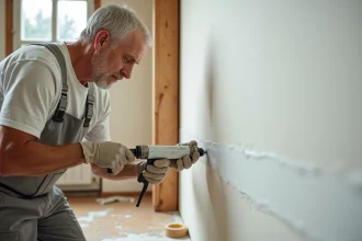 Artisan appliquant un joint acrylique blanc sur la jonction entre un mur peint et un cadre en bois avec un pistolet à mastic