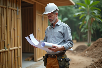 Architecte examinant plans près d'une structure en bambou en construction