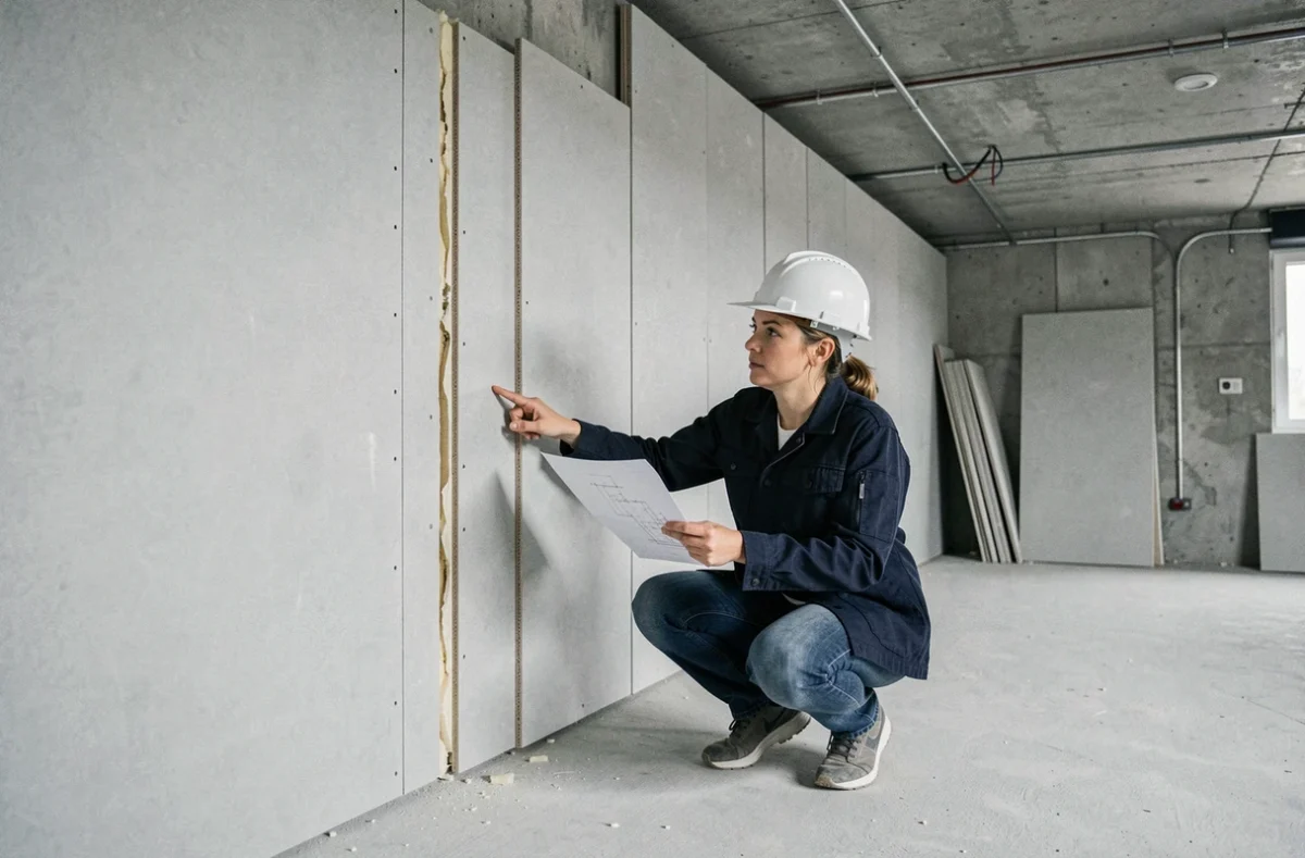 Architecte inspectant le système de doublage collé avec isolation en laine de verre dans un appartement neuf en chantier