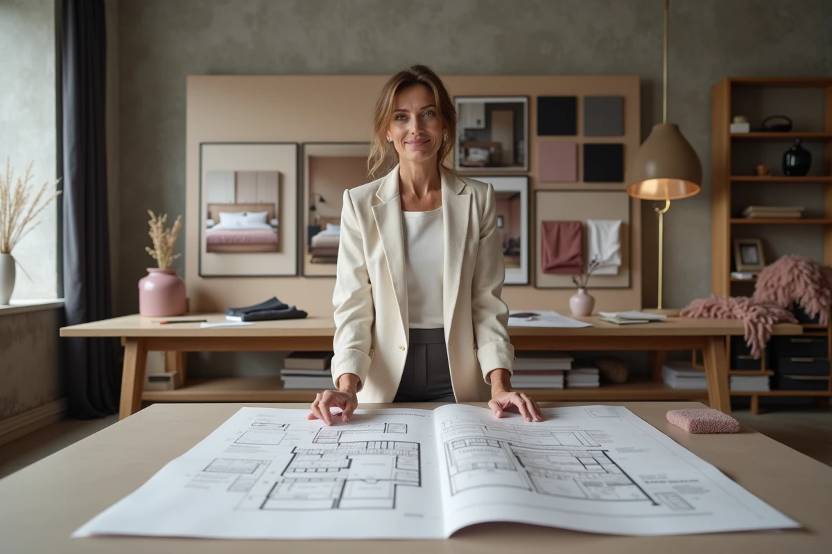 Architecte d'intérieur féminine consultant des plans de suite parentale dans un studio de design professionnel avec échantillons de matériaux