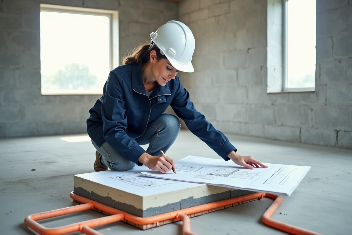 Architecte inspectant la coupe stratigraphique d'un plancher chauffant et chape dans une maison neuve