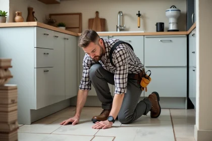 Artisan posant une carreau de carrelage dans une cuisine moderne