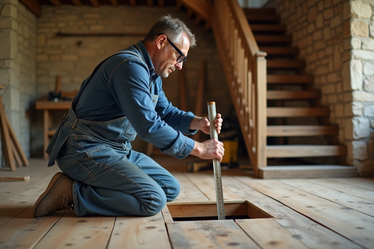 Artisan mesurant une trappe de cave en bois sur mesure dans une maison ancienne avec plancher en chêne