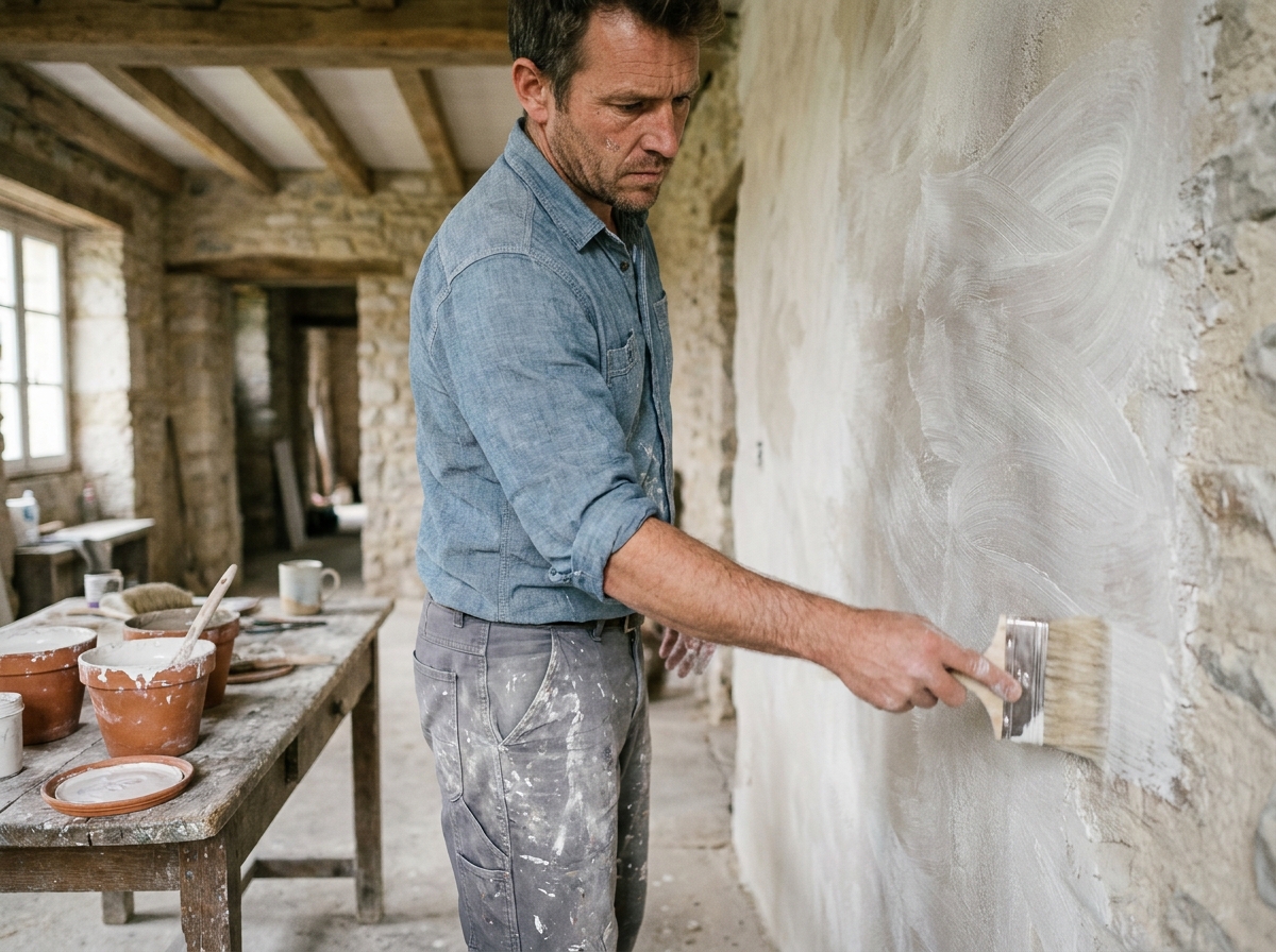 Artisan peintre appliquant une technique de peinture à la chaux sur un mur en pierre dans une maison de campagne française rénovée