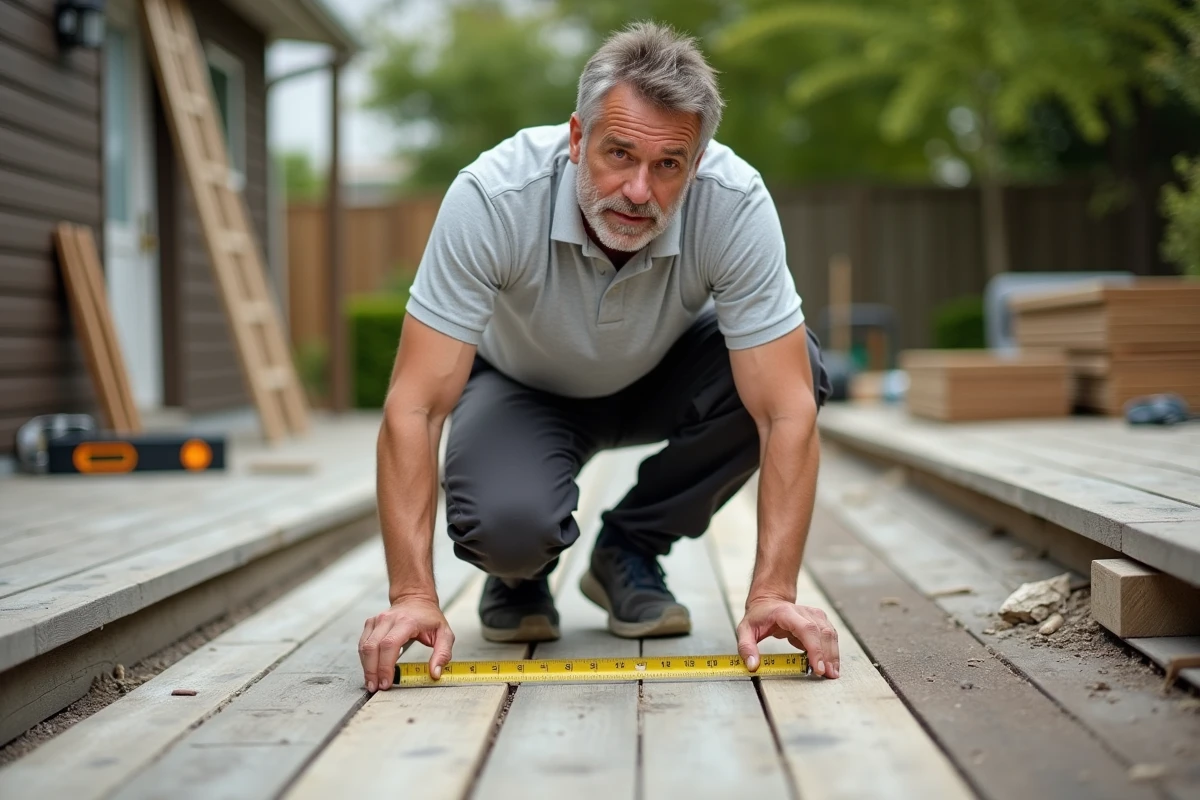 Artisan mesurant une terrasse en bois composite lors d'une pose, illustrant le coût au m² d'une terrasse