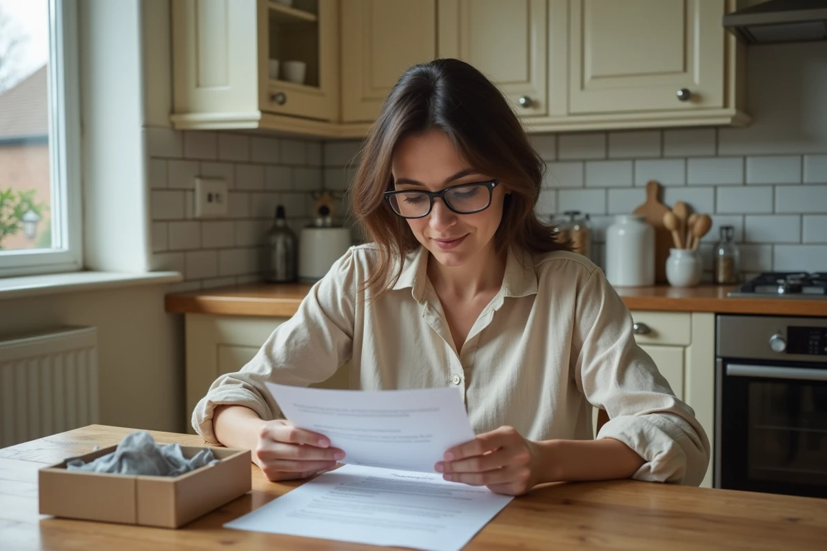 Femme consultant son contrat d'assurance habitation avec une bûche de ramonage posée sur la table
