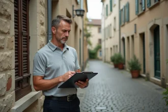 Auditeur énergétique inspectant une maison en pierre dans une ville de province française avec tablette numérique