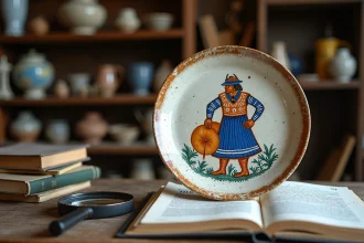 Assiette en faïence Henriot Quimper avec motif breton peint à la main, posée sur une table de brocante avec une loupe et un catalogue d'authentification