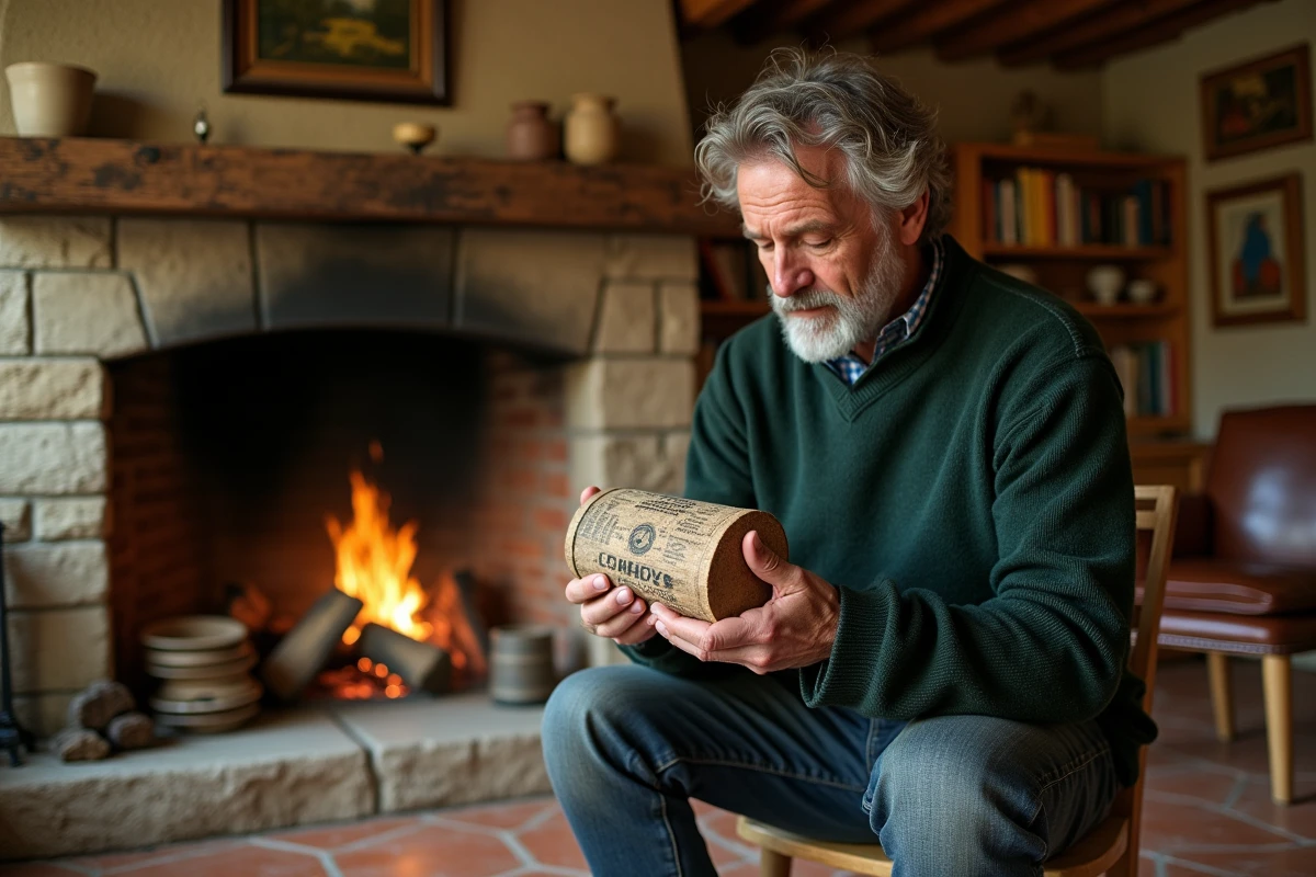 Homme utilisant une bûche de ramonage dans une cheminée en pierre d'une maison de campagne française