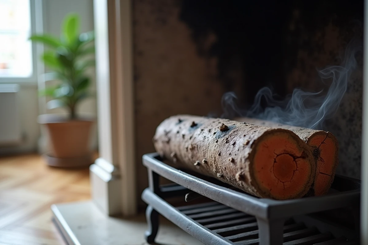Bûche de ramonage en cours de combustion dans une cheminée en marbre d'un appartement parisien