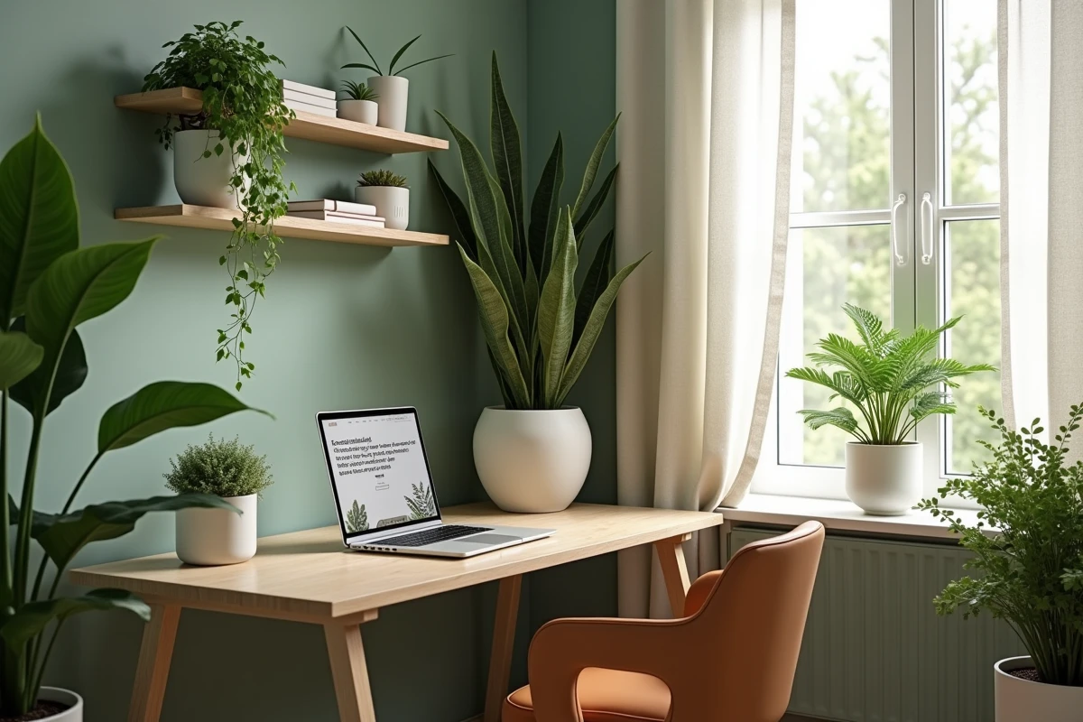 Bureau moderne décoré de plantes vertes avec un devis de décoration végétale ouvert sur ordinateur portable, ambiance naturelle et apaisante