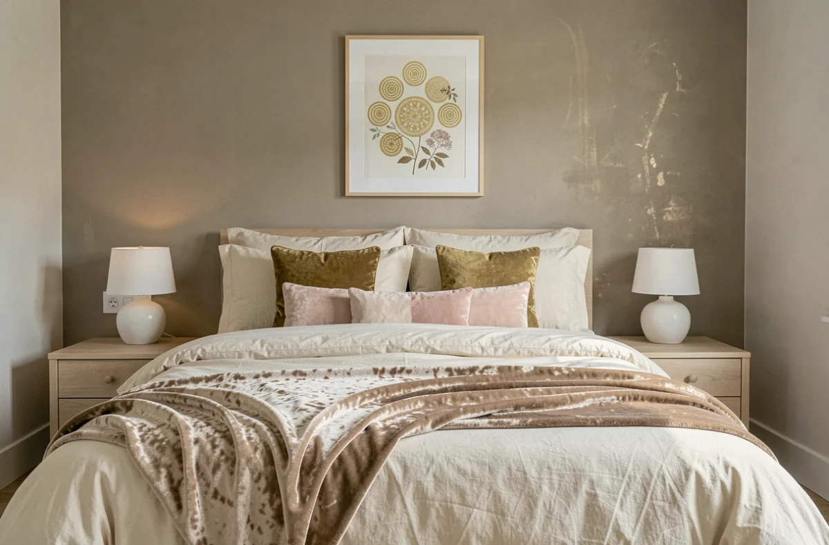 Chambre à coucher feng shui avec mur accent greige, literie ivoire et touches dorées reflétant la direction Ouest