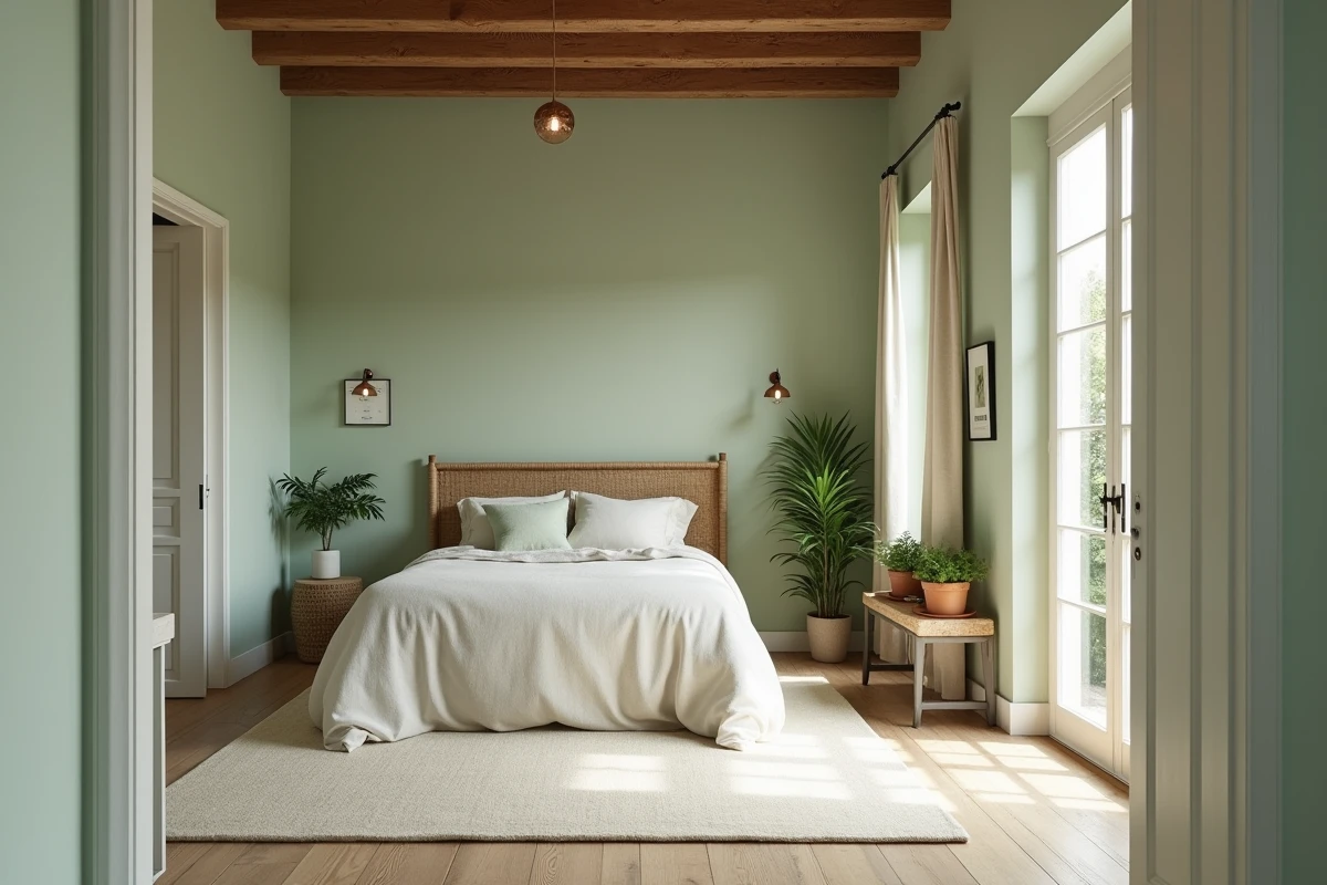Chambre intérieure rénovée avec peinture écologique à la chaux en vert sauge mat et éléments naturels en bois