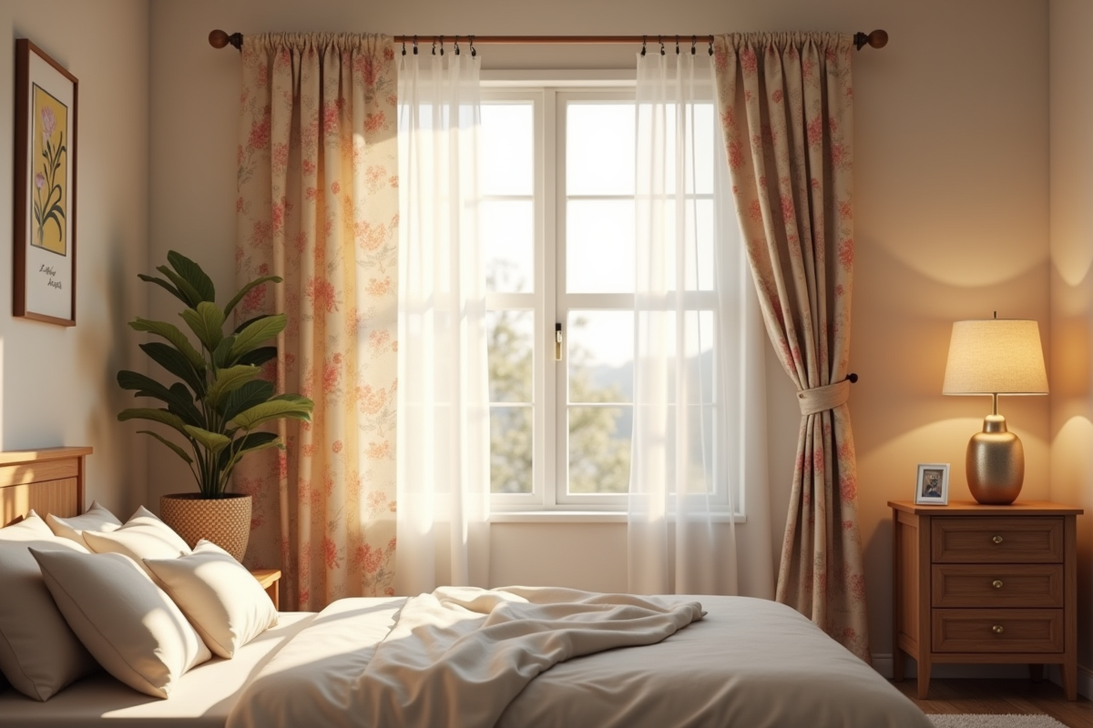 Chambre chaleureuse avec rideaux fleuris et voilage blanc