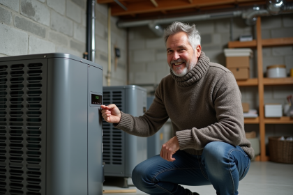 Homme d'âge moyen ajustant un pompe à chaleur moderne dans un sous-sol