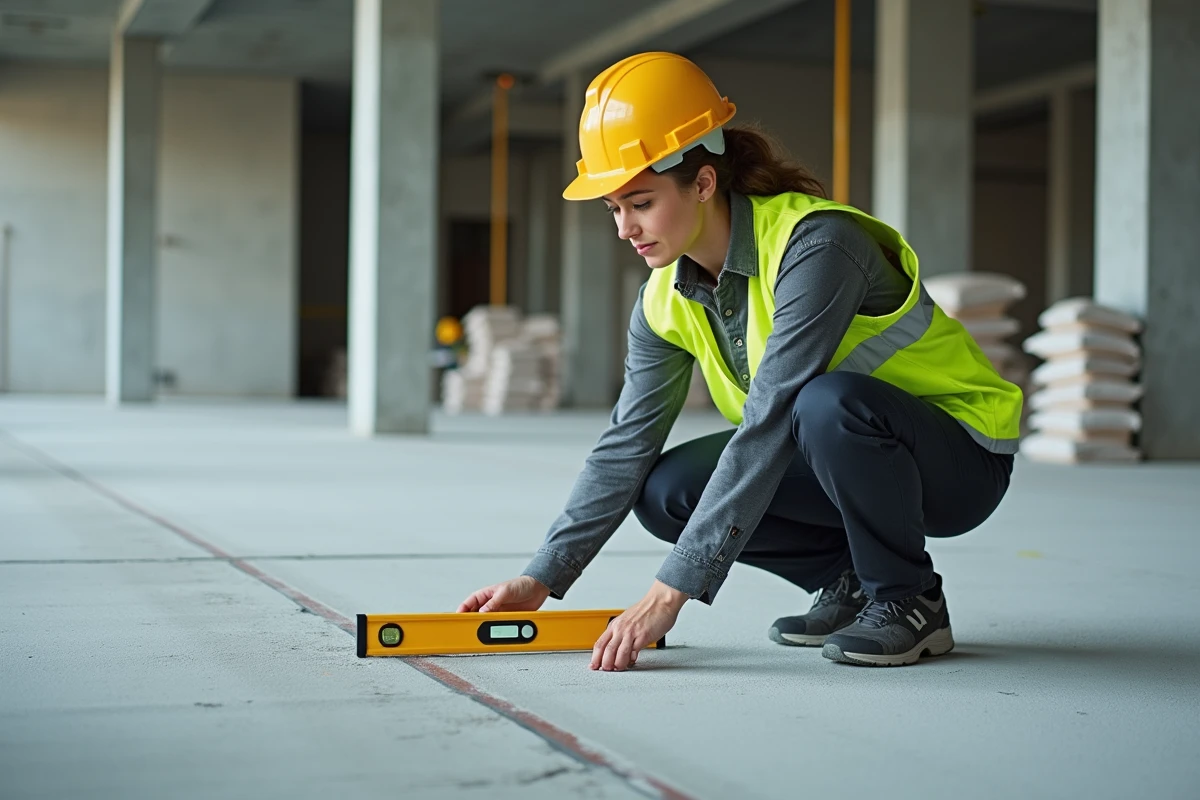 Cheffe de chantier vérifiant la planéité d'un ragréage sol avec un niveau à bulle dans un bâtiment commercial