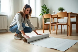 Femme qui déplie un rouleau de sol PVC dans un salon moderne pour comparer les revêtements de sol