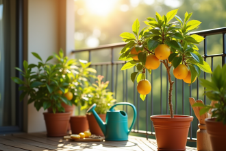 Citronnier en pot sur balcon ensoleille avec fruits mûrs
