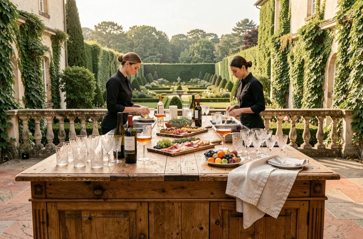 Espace cocktail élégant sur la terrasse d'un domaine privatisé pour un événement ou mariage en France