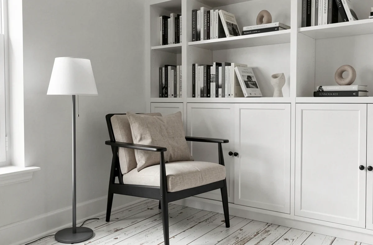Coin lecture avec fauteuil noir style Japandi et bibliothèque encastrée laquée blanche dans un salon noir et blanc épuré 2026