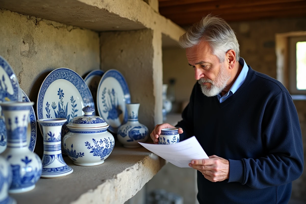 Collectionneur breton authentifiant des pièces de faïence Henriot Quimper exposées sur une étagère en pierre dans une ferme bretonne traditionnelle