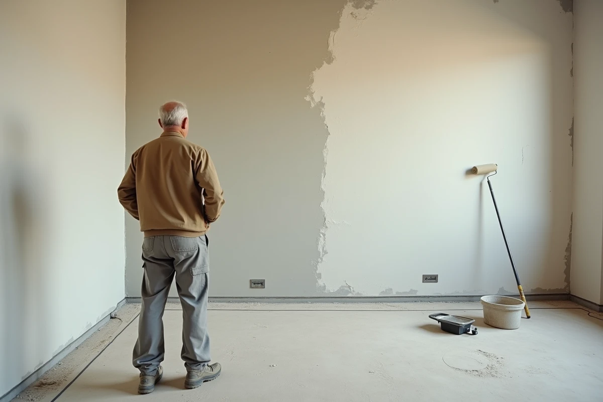 Vue large d'un plâtrier professionnel inspectant un mur en cours de lissage dans une pièce en rénovation avec rouleaux et outils de finition