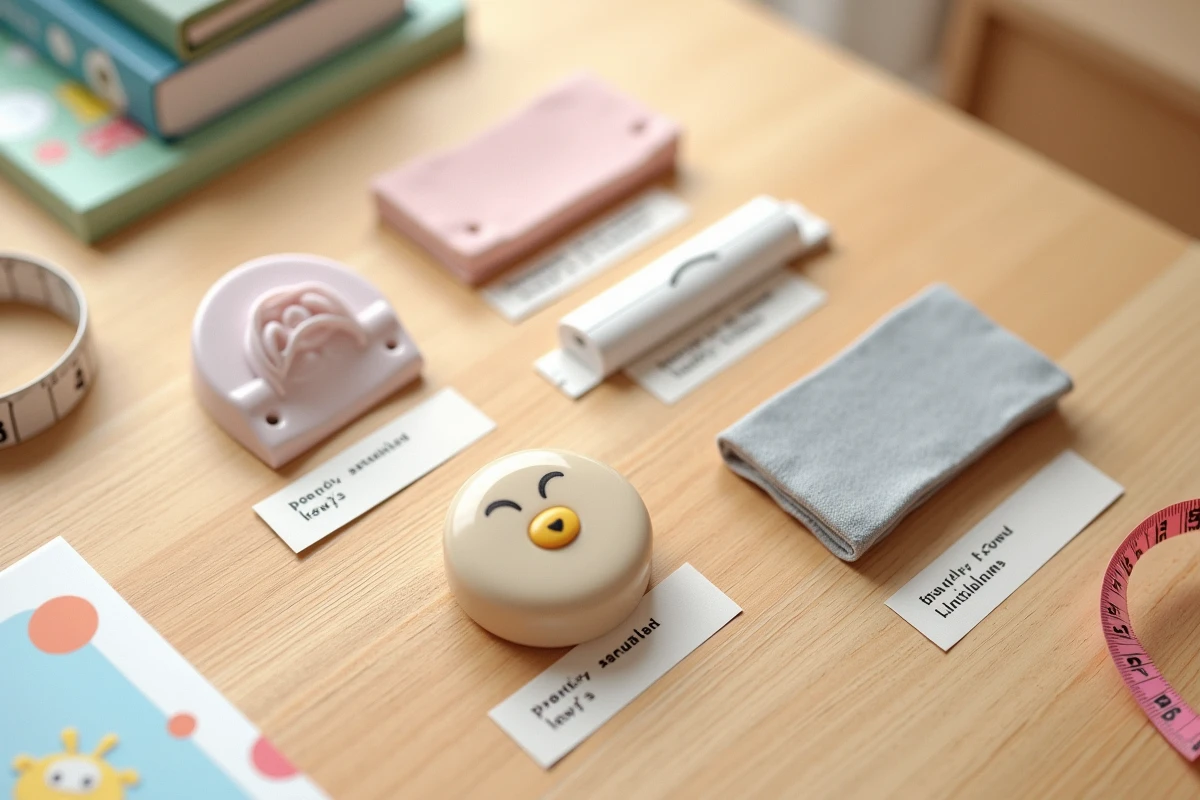 Comparatif de cinq types de pince-doigts pour portes de chambre d'enfant présentés en flat lay sur une surface en bois clair