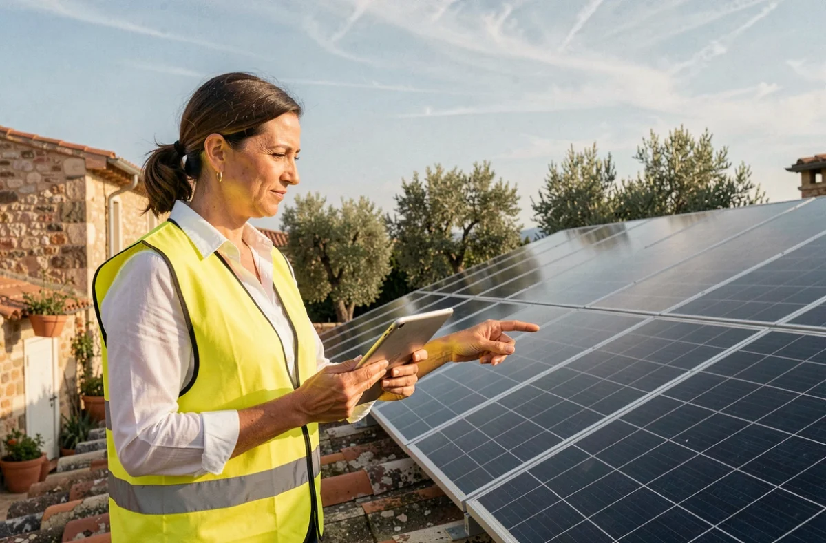 Conseillère en énergie solaire inspectant une installation photovoltaïque sur une villa à Nice