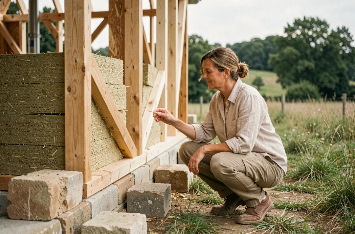 Femme inspectant la structure en bois d'une maison écologique en construction dans un cadre rural français