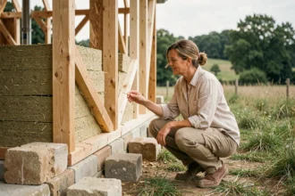 Femme inspectant la structure en bois d'une maison écologique en construction dans un cadre rural français