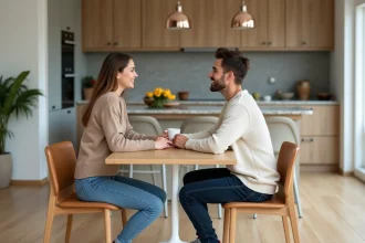 Couple dans un appartement moderne en cuisine et salle à manger