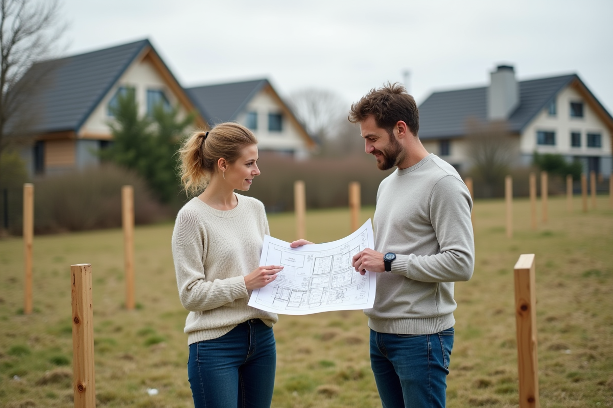 Couple regardant un plan de construction dans un terrain