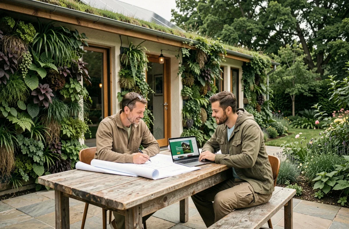 Couple consultant des plans d'une maison écologique sur une terrasse avec mur végétal et toiture verte