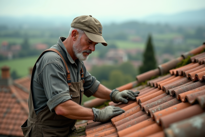 Charpentier inspectant des tuiles en terre cuite anciennes
