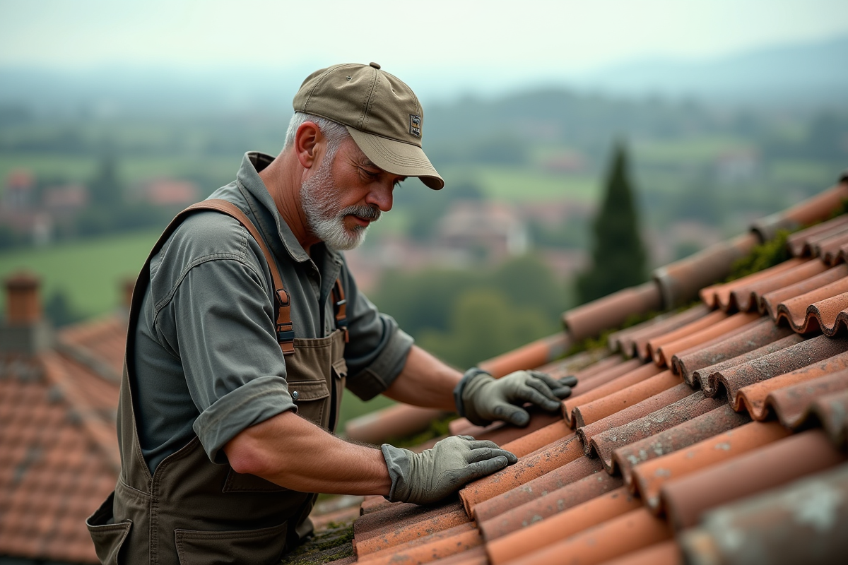 Charpentier inspectant des tuiles en terre cuite anciennes