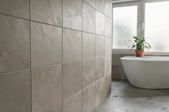 Mur de salle de bain carrelé en grand format greige avec joints parfaitement étanches, sans trace de moisissure