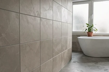 Mur de salle de bain carrelé en grand format greige avec joints parfaitement étanches, sans trace de moisissure