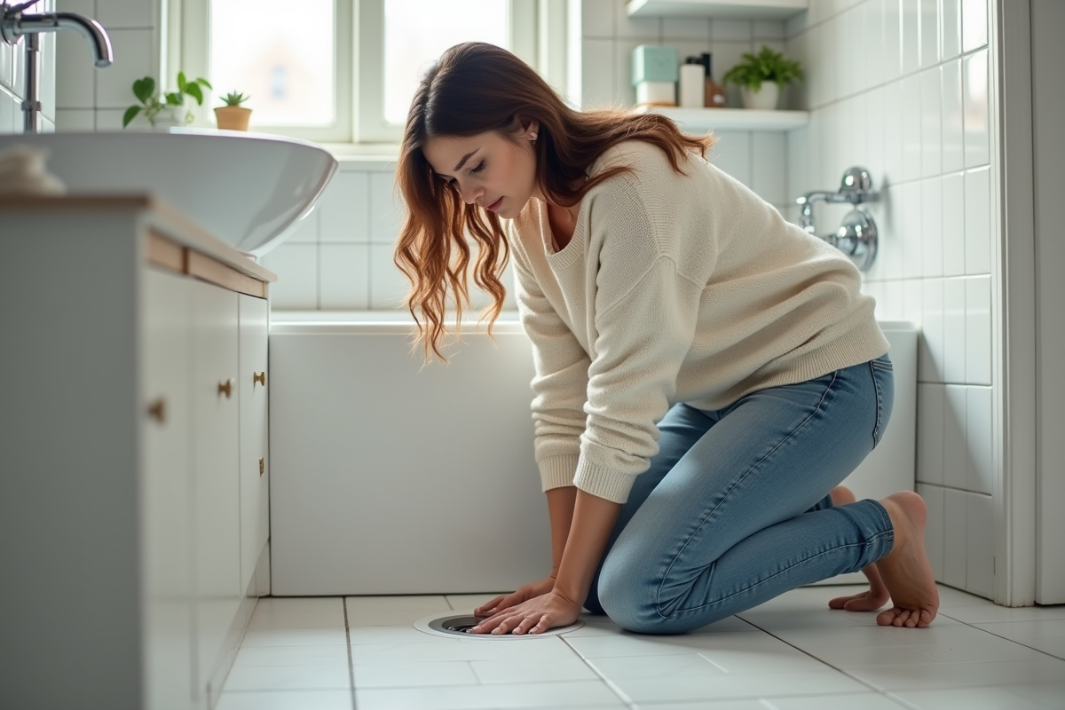 Jeune femme débouchant une baignoire avec un plongeur