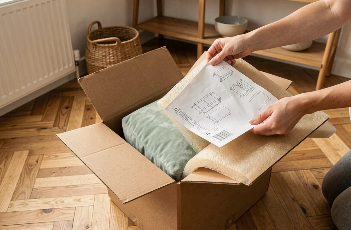 Déballage d'une commande de décoration intérieure en ligne avec coussin velours vert sauge et guide de montage, unboxing Sklum
