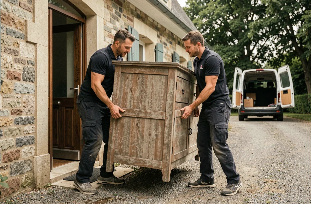 Déménageurs transportant un meuble hors d'une maison lors d'un débarras professionnel gratuit