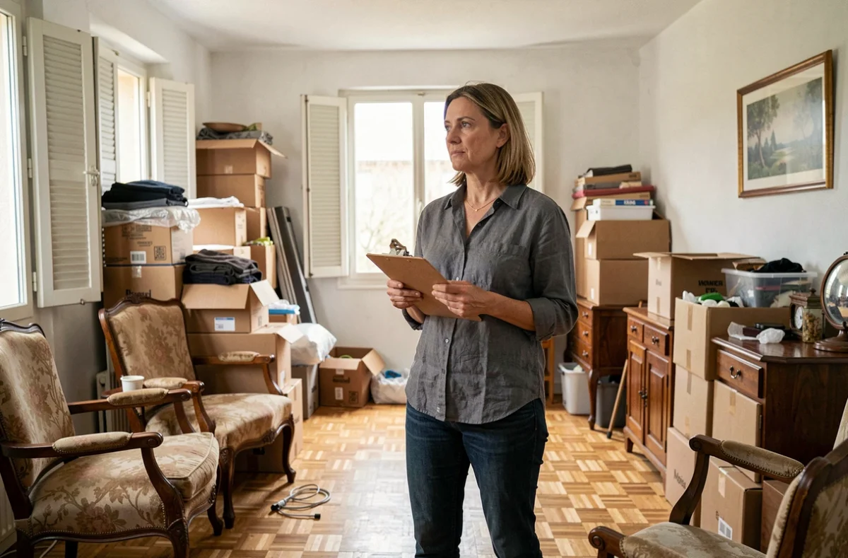 Femme faisant l'inventaire d'une maison encombrée avant un débarras gratuit