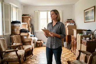 Femme faisant l'inventaire d'une maison encombrée avant un débarras gratuit