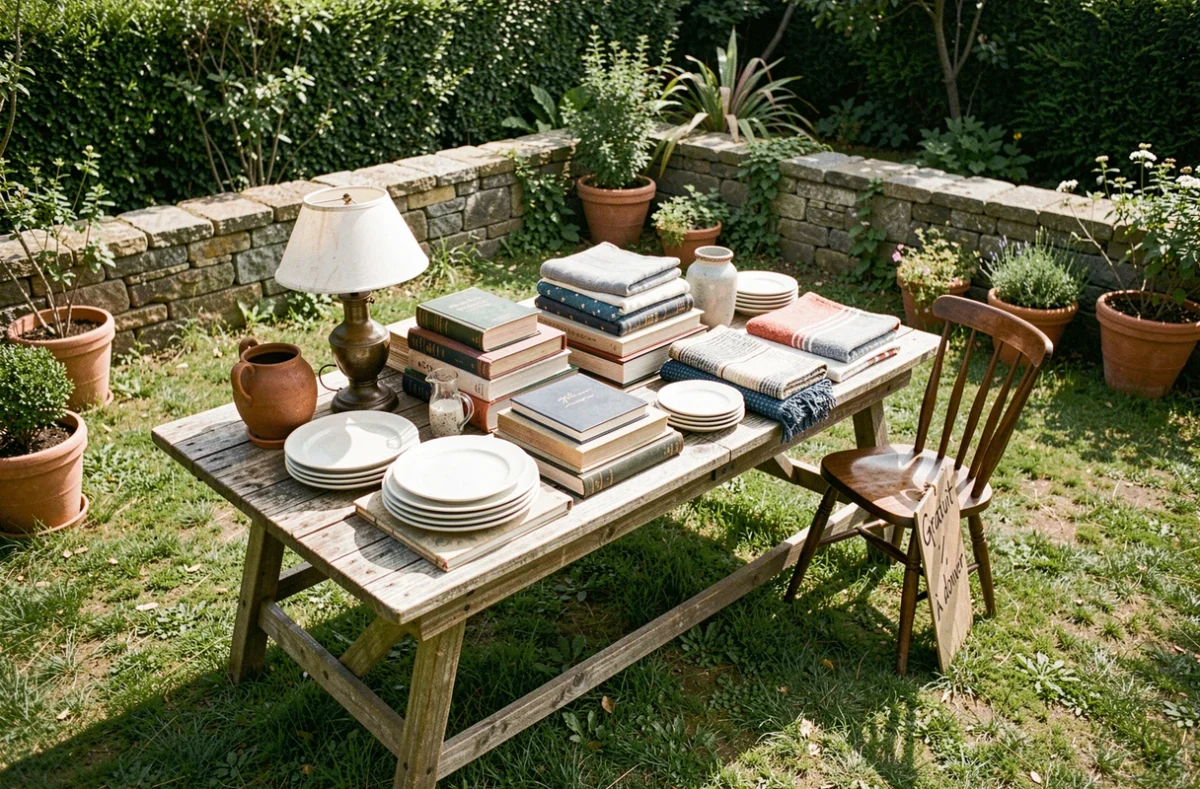 Objets récupérés lors d'un débarras maison disposés à donner gratuitement dans un jardin