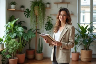 Décoratrice d'intérieur tenant un devis de décoration végétale dans un salon parisien orné de plantes tropicales et de pots en terre cuite