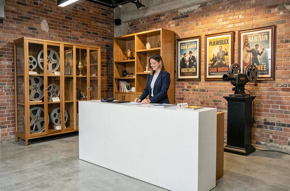 Réception d'entreprise décorée avec des accessoires de cinéma vintage pour renforcer l'image de marque