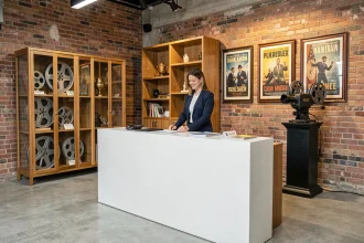 Réception d'entreprise décorée avec des accessoires de cinéma vintage pour renforcer l'image de marque